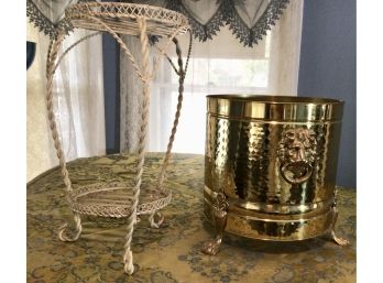 Footed Brass Cachepot And Plant Stand Lot