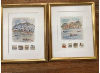 Pair Watercolor Prints Framed & Matted
