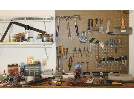Table Full Of Hardware With Hammers, Chisels, Saws, Screwdrivers, Pliers, Levels And So Much More