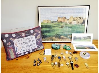 Golf Lover's Lot!  Cute Pillow, Framed Saint Andrews Jigsaw Puzzle, Markers & More
