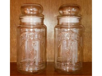 Two Planters Mr Peanut Clear Glass Embossed Canisters