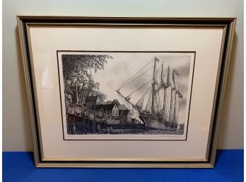 (Pristine) Large Etching ,Pencil Signed,Dated, Ship In A Port With Men Working On Another Ship