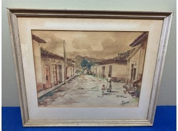 Watercolor Painting Mexican Village Signed Rivera
