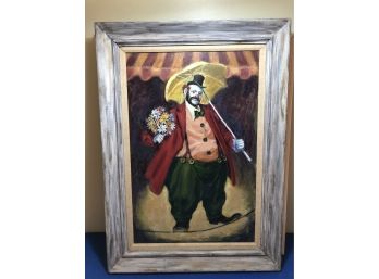 Vintage Oil On Canvas, Circus Clown On Tight Rope