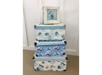 4 Decorative Blue With Floral Designs Decorative Boxes