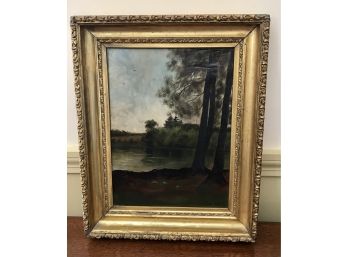Vintage Oil On Canvas Lake Picture