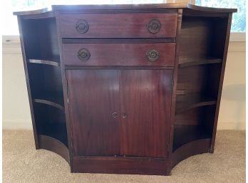 Mahogany Side Board With Curved Shelves And Storage