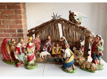 Large Old World Italian Style Vintage Hand Painted 15-piece Nativity Set With Manger