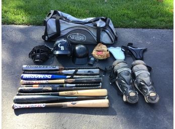 Baseball Lot, Bats, Catchers Equipment And Louisville Slugger Carry Case