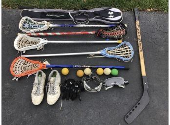 Lot Of Lacrosse Equipment, Sticks, Balls, Shoes Size 8, Plus