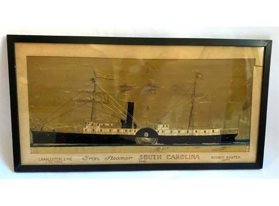 Antique Framed Nautical Embroidery On Silk Commemorating 1860 Iron Steamer South Carolina Ship