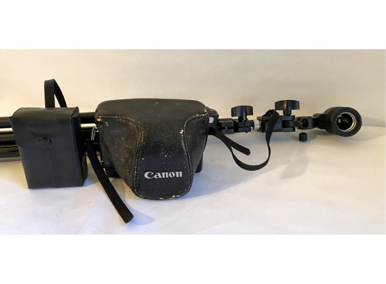 Vintage Canon Canonet 28 35MM Film Camera With Attached Flash & Tripod Light Stand With Electrical Plug