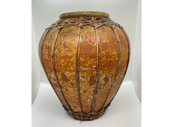 Vintage Large Ceramic Vase With Wicker Details, Thailand