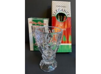 New In Box Vintage St George Holiday Elegance Mini Hurricane Crystal Candle Holder  & Box Of Tapered Candles