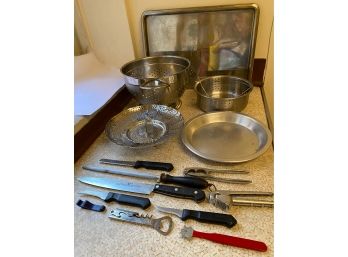 Vintage Kitchen Tools, Knives, Pie Pan, Colanders & More