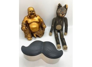 Whimsical Ceramic Mustache Box By Fred, Golden Buddha & Rustic Wooden Cat