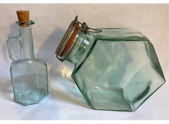 Vintage Hermetic Glass Cookie Jar & Vintage Oil Cruet With Cork, Italy
