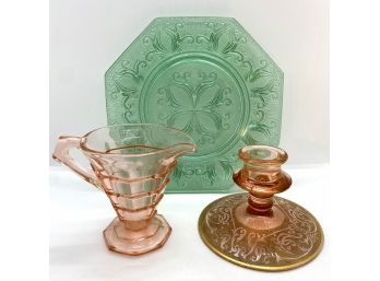3 Vintage Depression Glass: Plate, Creamer & Candle Holder