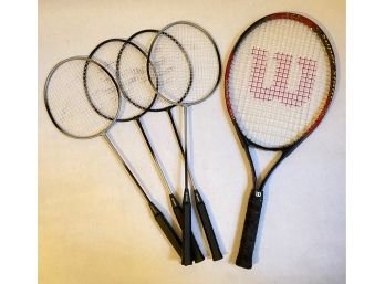Set 4 Triumph Badminton Rackets & Wilson Supersize Squash Racket