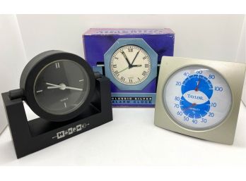 2 Quartz Clocks, 1 New In Box  & Taylor Thermometer Barometer