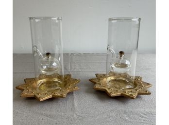 Pair Of Glass Oil Lamps With Gold Star Trays