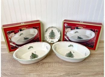 Set Of Spode Christmas Tree Oval Serving Dishes And Dessert Plate