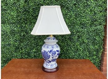 Classic Blue And White Ginger Jar Style Lamp On Wooden Base