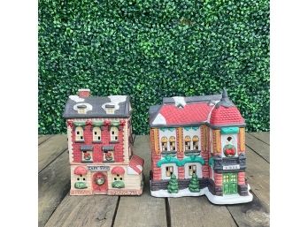 Pair Of Ceramic Holiday Christmas Village Houses - Cafe & School