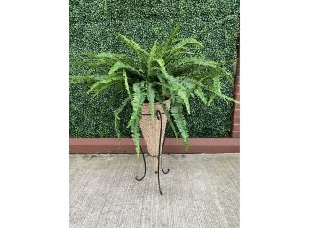 Faux Fern In Woven Vase With Stand