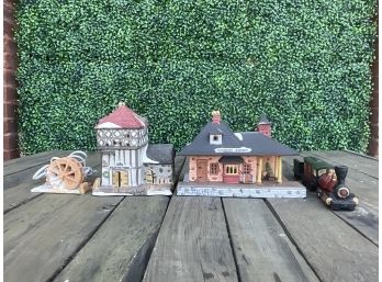 Ceramic Holiday Christmas Village Houses And Train - Cadbury Station, Blythe Ford, Water Mill, Locomotive