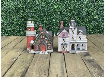 Pair Of Ceramic Holiday Christmas Village Houses - Light House & Victorian House