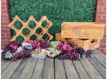 Wooden Wine Rack, Wine Crates And Faux Grapes