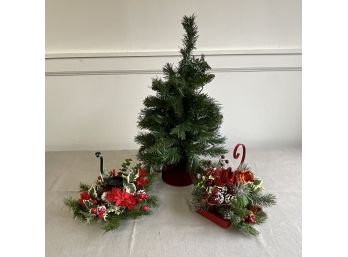 Small Table Top Christmas Tree And Pair Of Decorative Candleholders