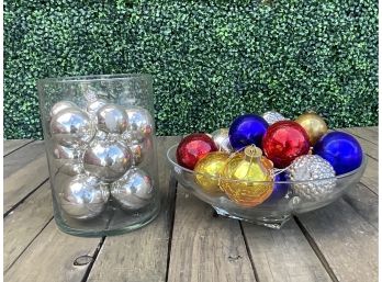 Beautiful Assortment Of Christmas Baubles With Textured Finishes In Silver, Gold, Red And Blue
