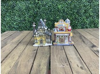 Pair Of Ceramic Light Up Holiday Christmas Village Houses - Toy Store & Coffee Shop