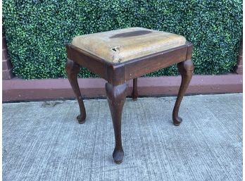Antique Queen Anne Style Stool With Distressed Leather Seat