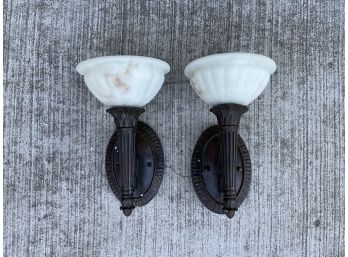Pair Of Antiqued Bronzed Wall Sconces With Alabaster Glass Shades