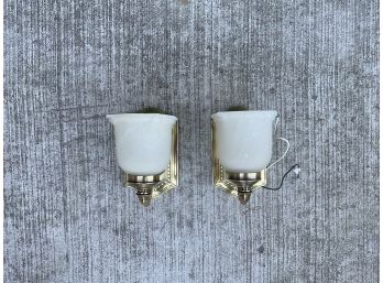 Pair Of Quality Brass Wall Sconces With Marbled Glass Shades