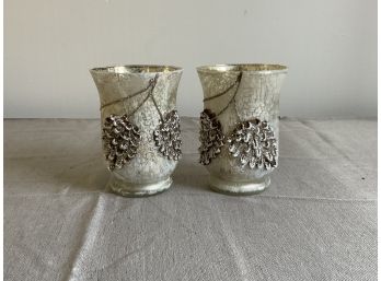 Beautiful Pair Of Mercury Glass Style Votives With Pinecone Detail