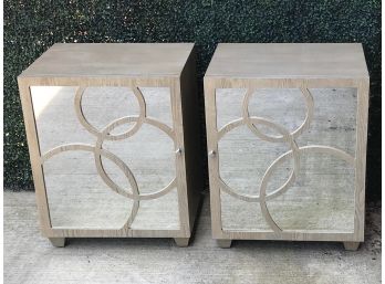 Pair Of Worlds Away Leah Nightstands With Circle Mirrored Doors
