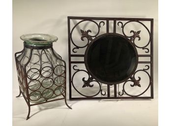 Ornate Decorative Mirror And Glass Jar In Distressed Metal Stand