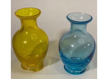 Pair Of Blue And Yellow Petite Glass Vases