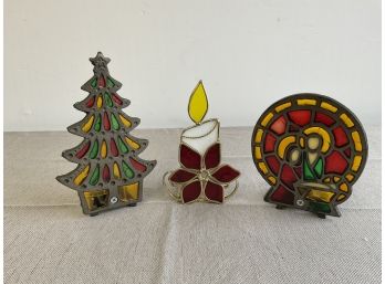 Trio Of Stained Glass Christmas Tea Light Holders