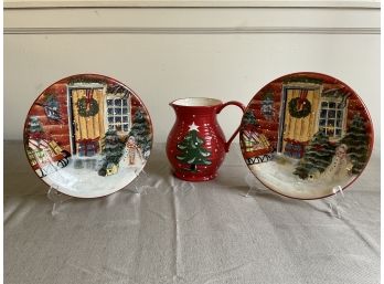 Pair Of Decorative Christmas Plates And Jug