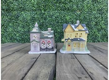 Pair Of Ceramic Holiday Christmas Village Houses - Town Hall & Victorian House