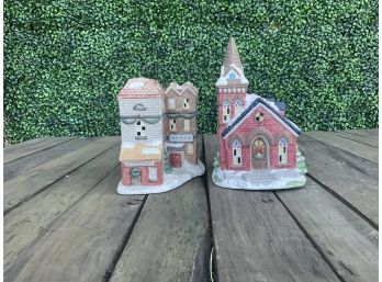 Pair Of Ceramic Holiday Christmas Village Houses - Church & Hotel/restaurant