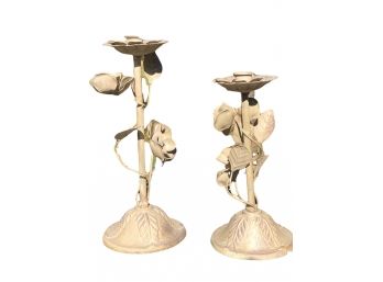 Pair Of Distressed Painted Metal Candlestick Holders