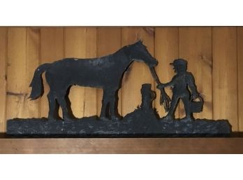 Vintage Metal Tin Plaque Man, Boy With Horse