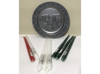 Pewter Hanging Plate With Xmas Taper Candles
