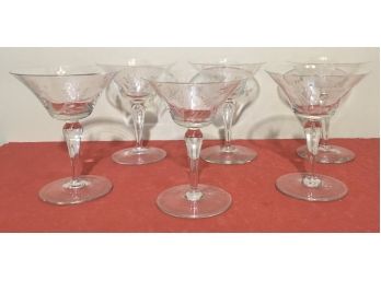 Vintage Etched Martini Glasses, Set Of 6